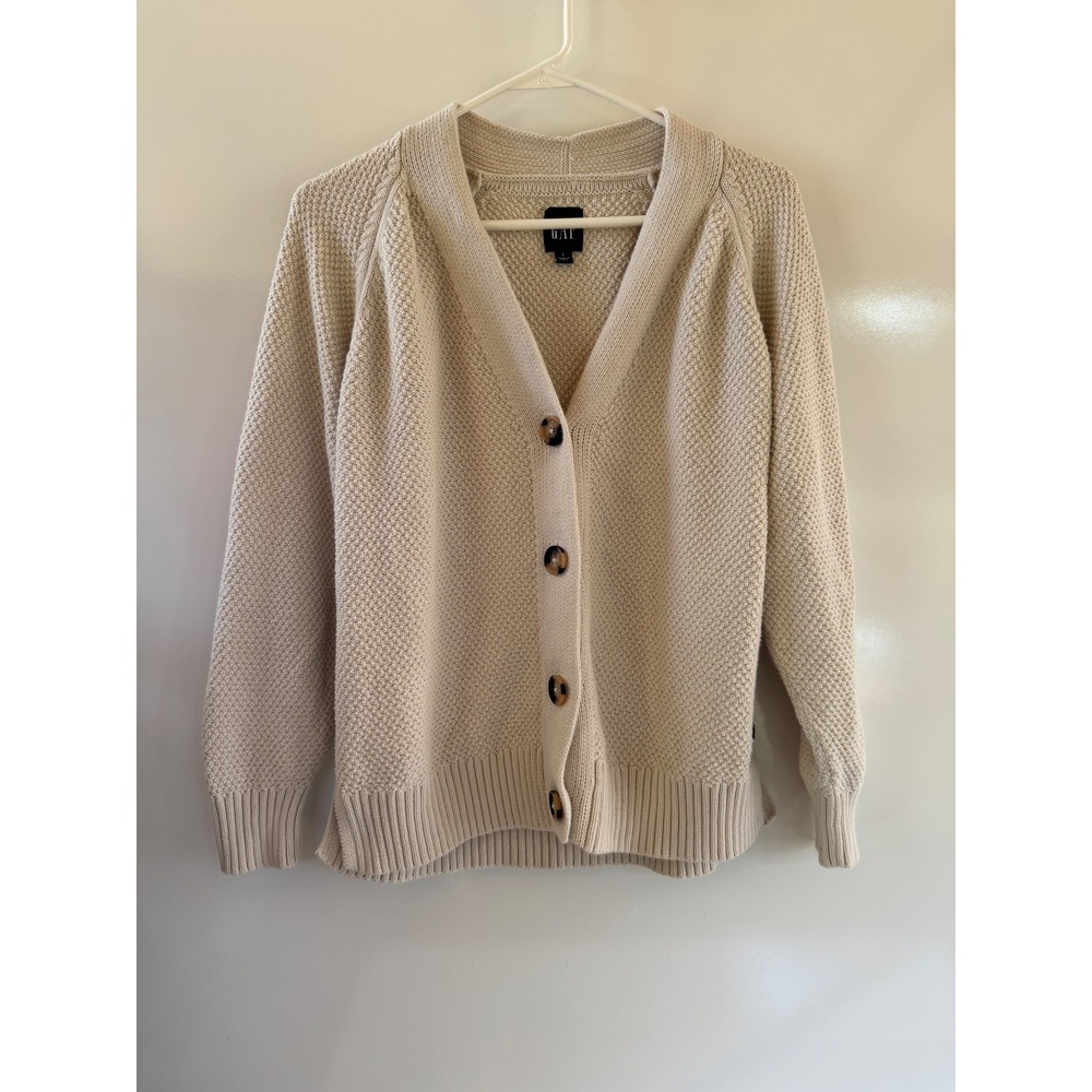 Gap Womens Cream Beige Textured Cotton Knit V-Neck Cardigan Sweater Large L